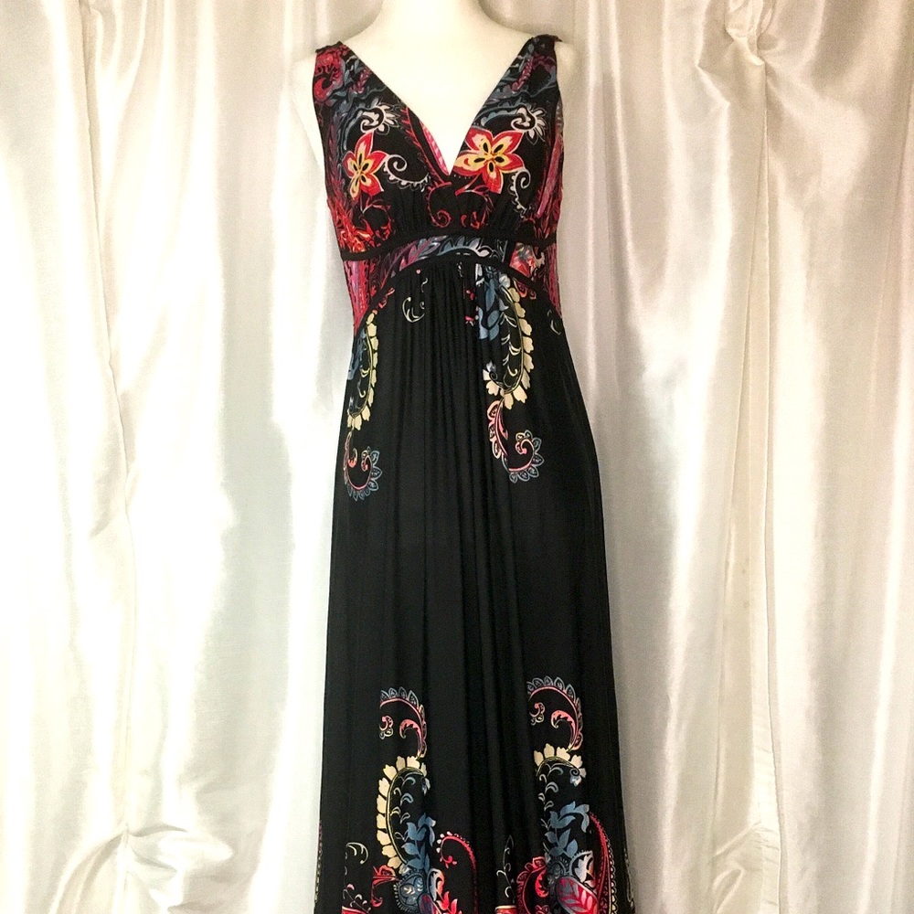 Papillon Blanc Black Maxi Dress with Red & Yellow Floral Accents